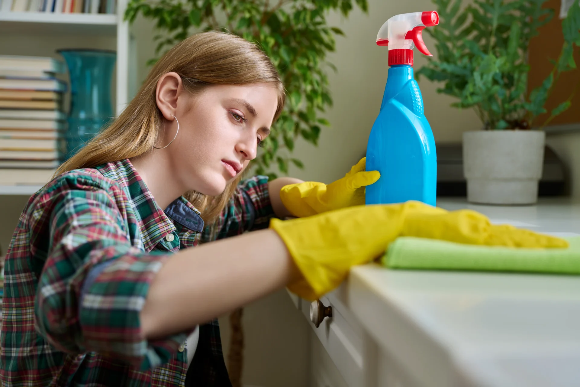 Woman cleaning a bathroom sink wearing yellow gloves.