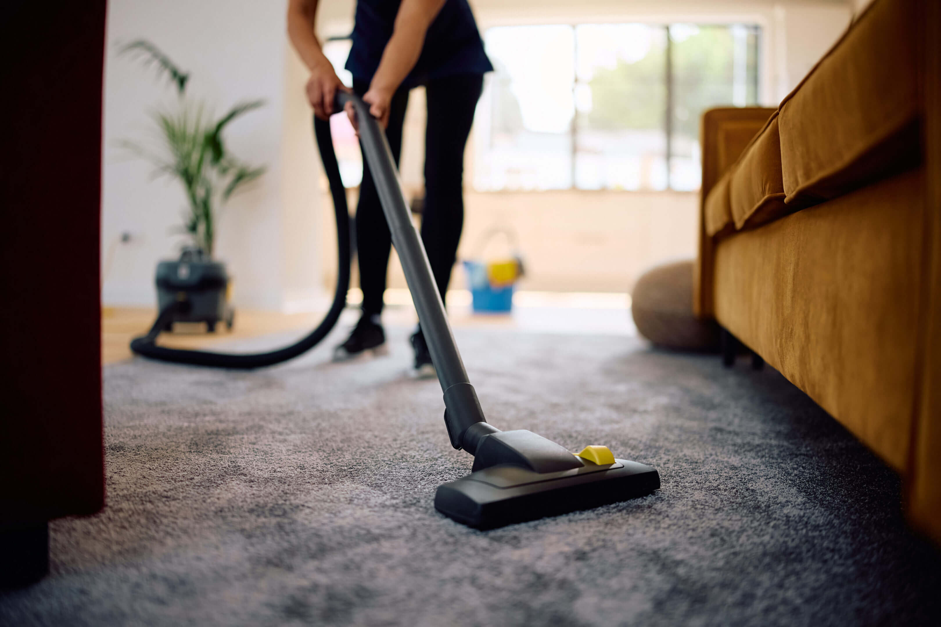Person vacuuming a carpeted floor in a bright living room.