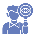 Person with magnifying glass and eye icon.