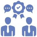 Two figures with speech bubbles and badge.