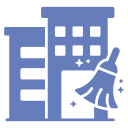 Building icon with broom and stars.