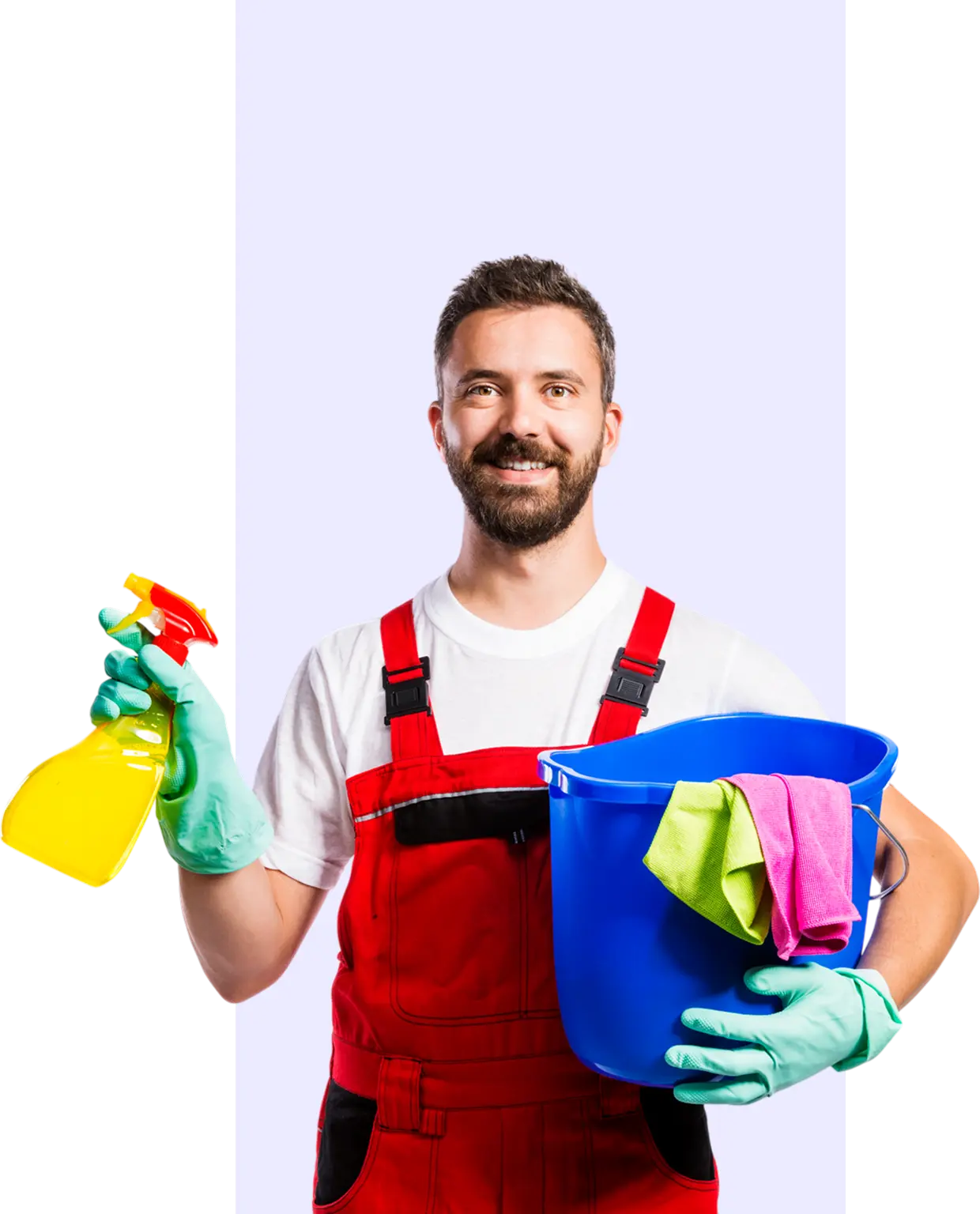 Man holding cleaning supplies, smiling confidently.