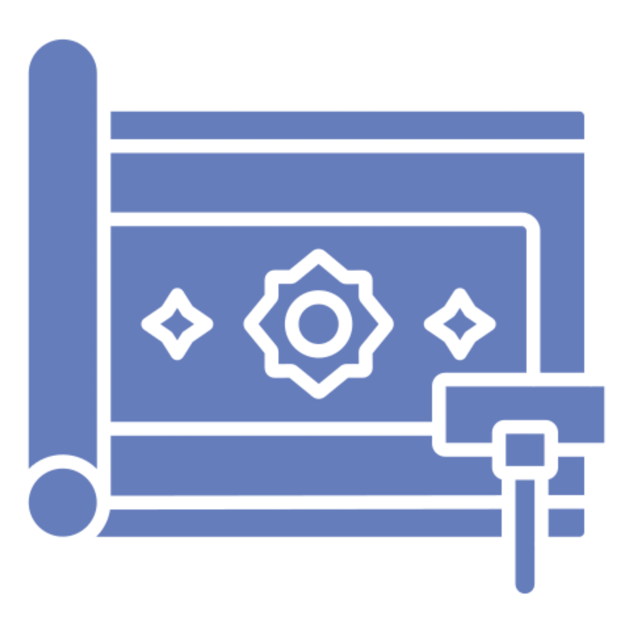Blueprint with a rolled-up edge and a hammer beside it.